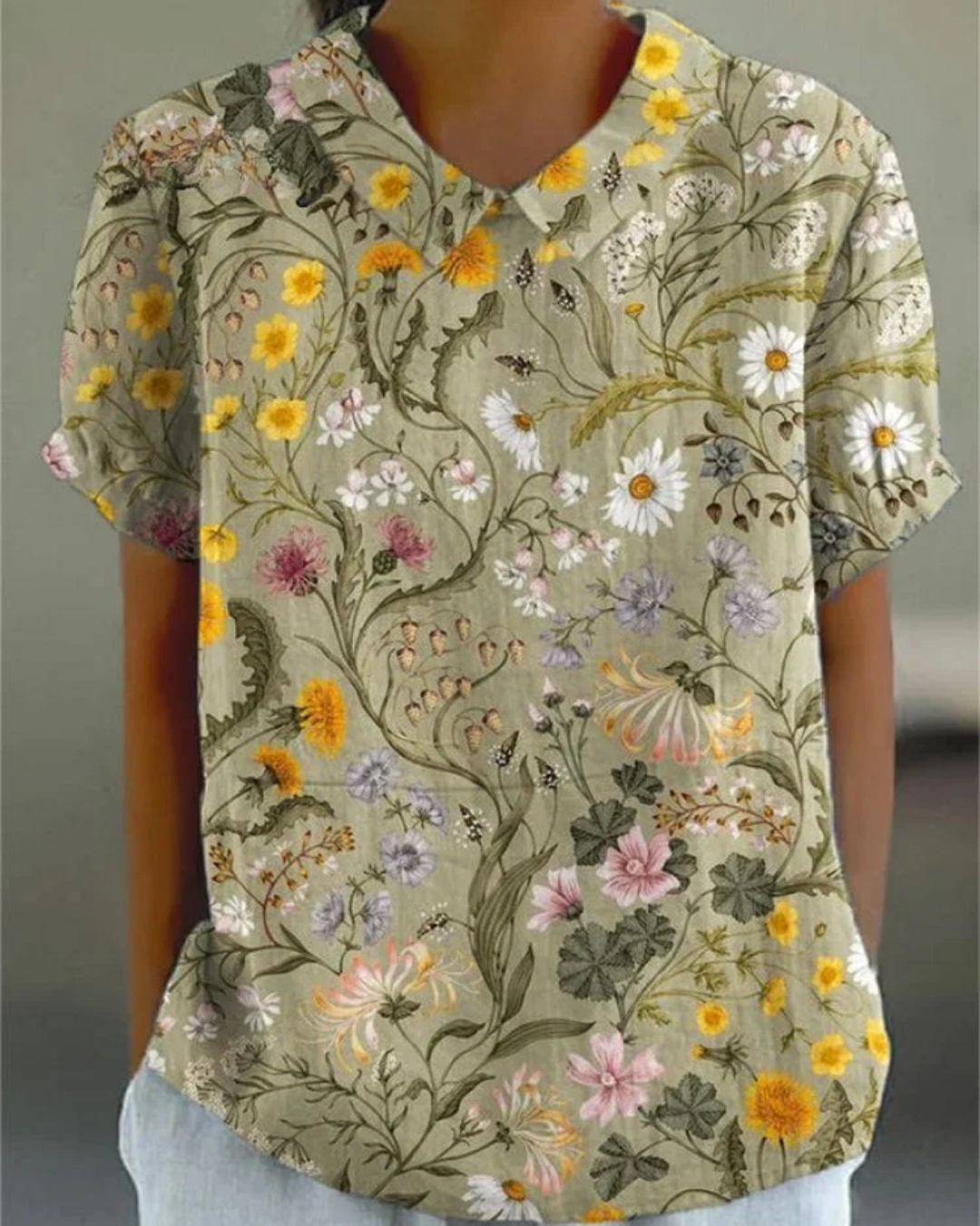 Bernadette - Women's Retro Floral Art Print Casual Cotton And Linen Shirt