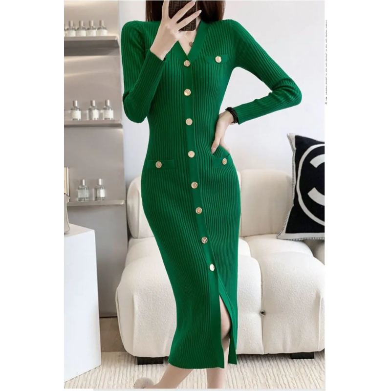 WW | Elegant knitted dress with gold button detail, front slit, knitted women's dress