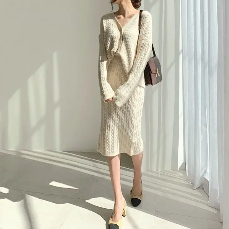 WW | Long Sleeve Sweater and Skirt Combination with Loose Fit, Knitted Women's Dress