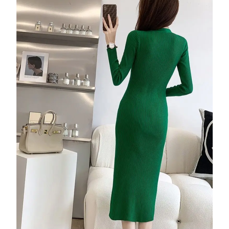 WW | Elegant knitted dress with gold button detail, front slit, knitted women's dress