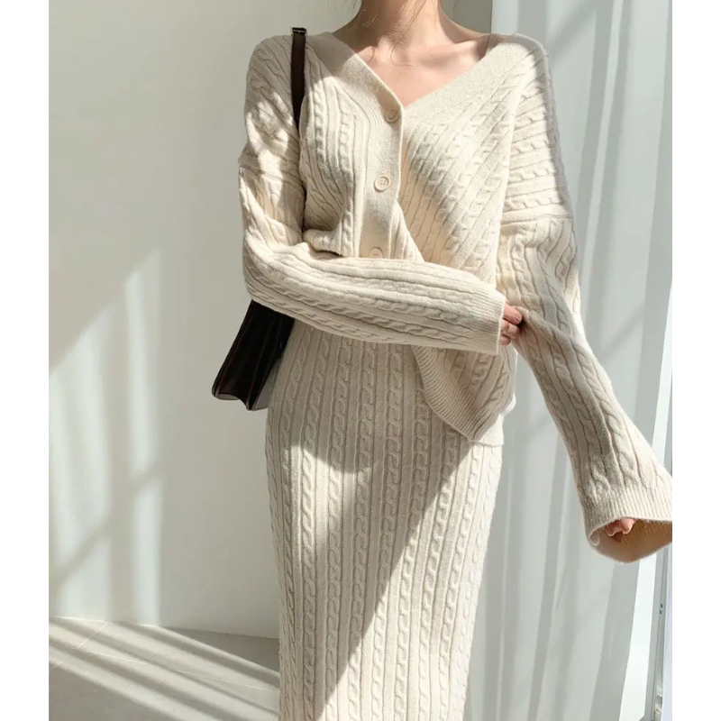 WW | Long Sleeve Sweater and Skirt Combination with Loose Fit, Knitted Women's Dress