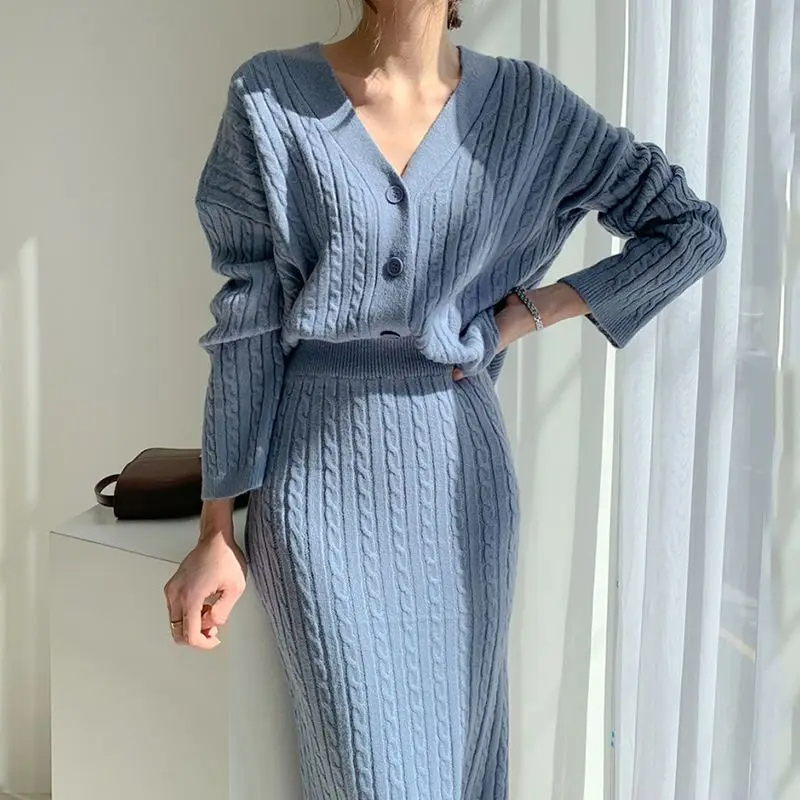 WW | Long Sleeve Sweater and Skirt Combination with Loose Fit, Knitted Women's Dress