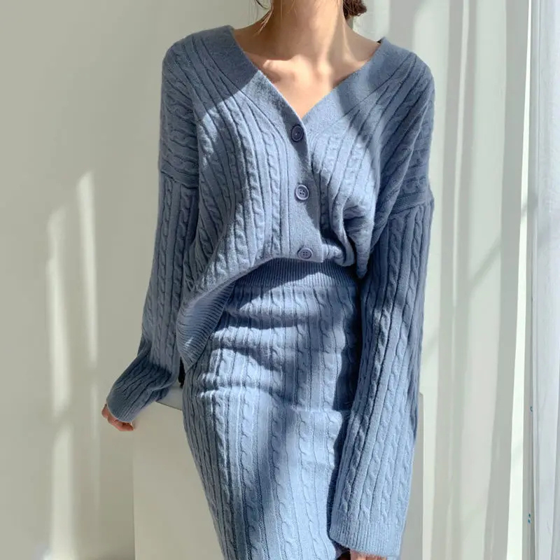 WW | Long Sleeve Sweater and Skirt Combination with Loose Fit, Knitted Women's Dress