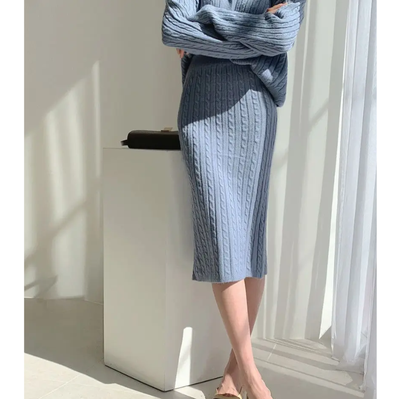 WW | Long Sleeve Sweater and Skirt Combination with Loose Fit, Knitted Women's Dress