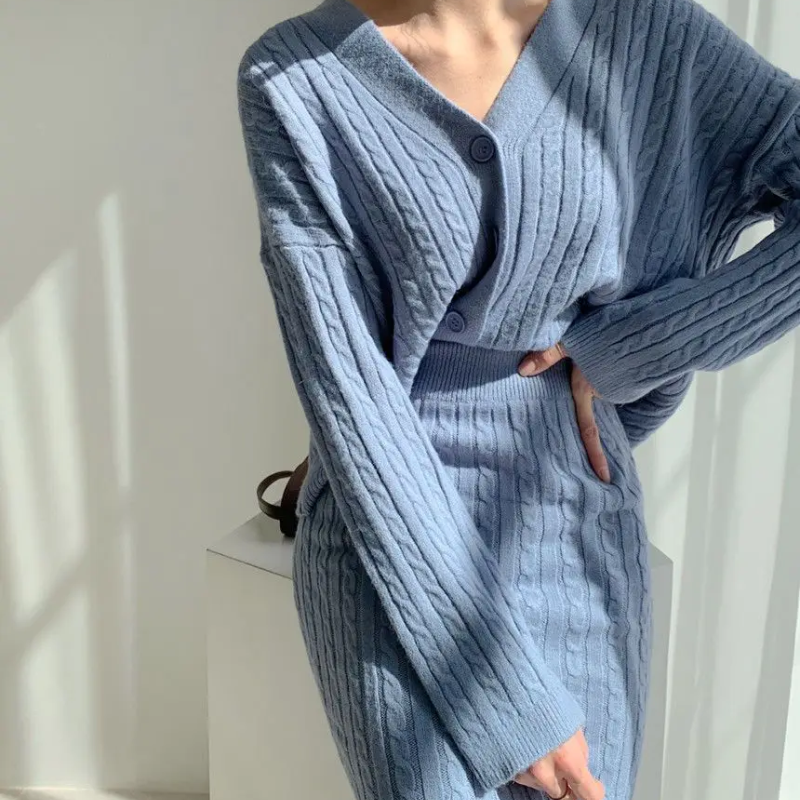 WW | Long Sleeve Sweater and Skirt Combination with Loose Fit, Knitted Women's Dress