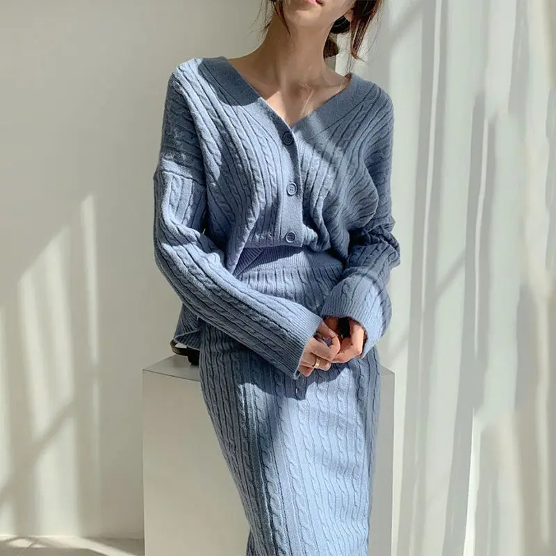 WW | Long Sleeve Sweater and Skirt Combination with Loose Fit, Knitted Women's Dress