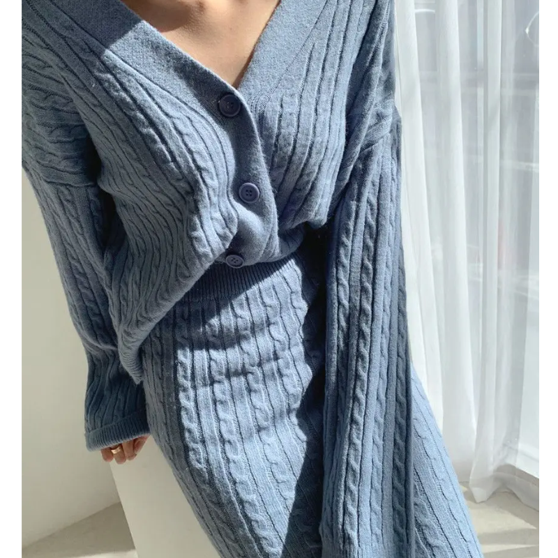 WW | Long Sleeve Sweater and Skirt Combination with Loose Fit, Knitted Women's Dress