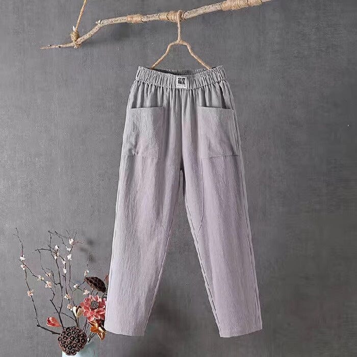 Feline - Casual cotton linen trousers with elastic waistband