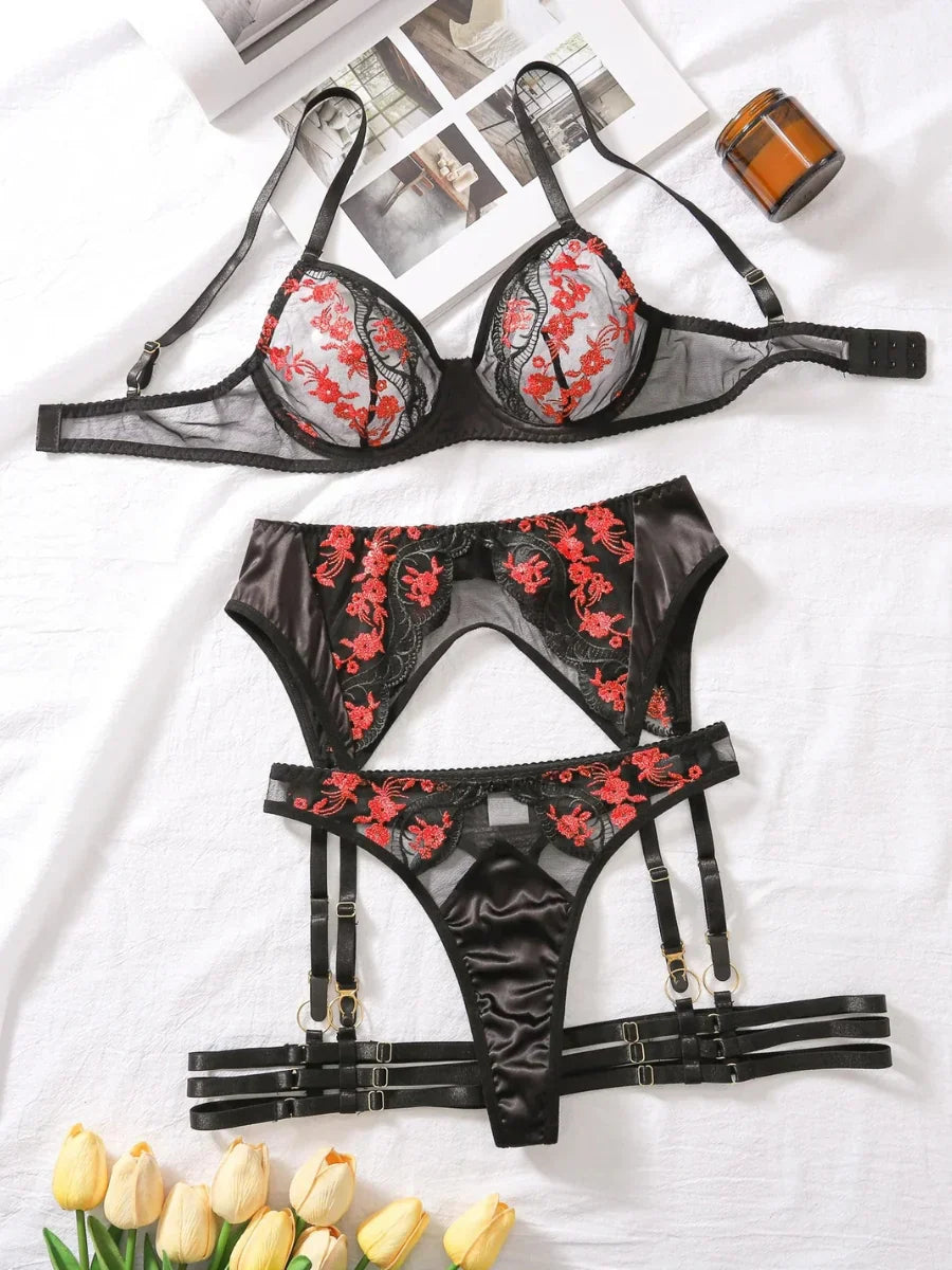 Seductive Black & Red Embroidered Lingerie Set