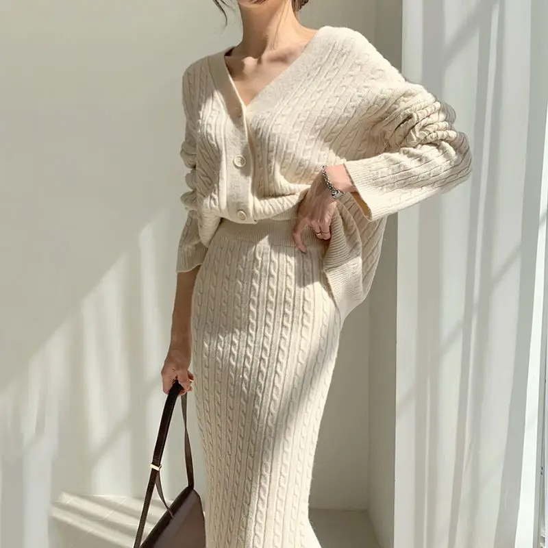 WW | Long Sleeve Sweater and Skirt Combination with Loose Fit, Knitted Women's Dress
