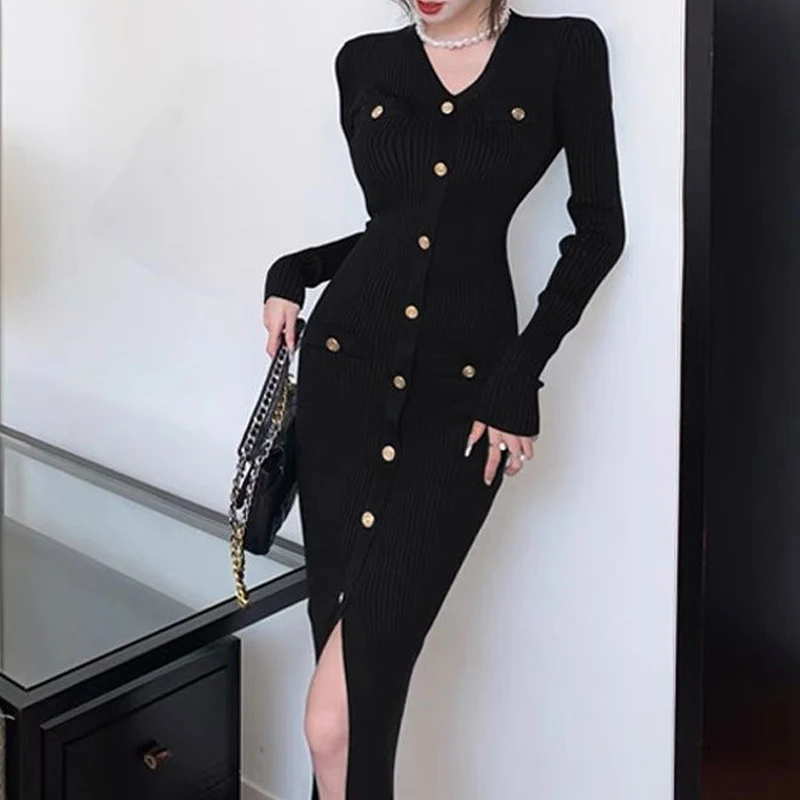 WW | Elegant knitted dress with gold button detail, front slit, knitted women's dress