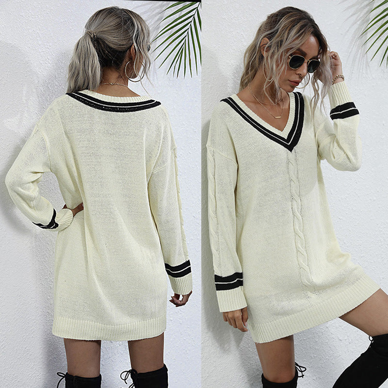 Women's knitted dress with V-neck and decorative belt WW