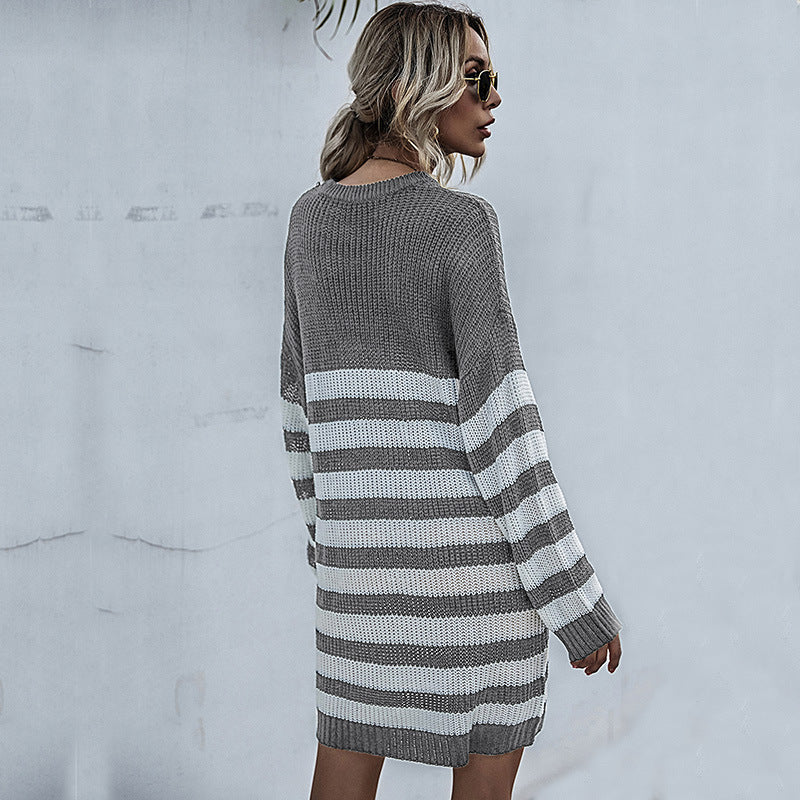 Women's knitted dress with fashionable striped pattern and casual cut WW