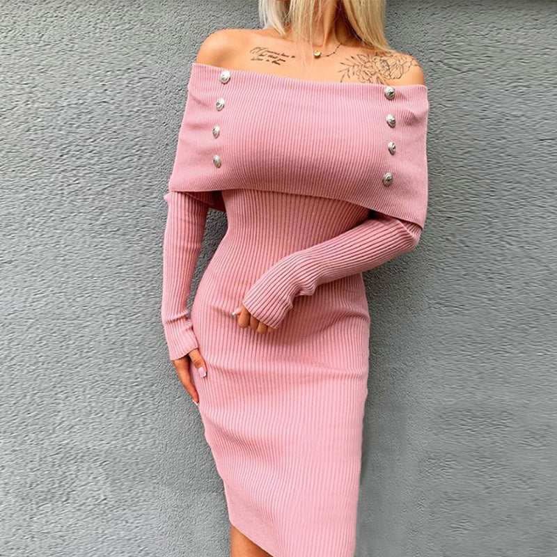 Women's knitted dress with off-the-shoulder design and elegant button details WW