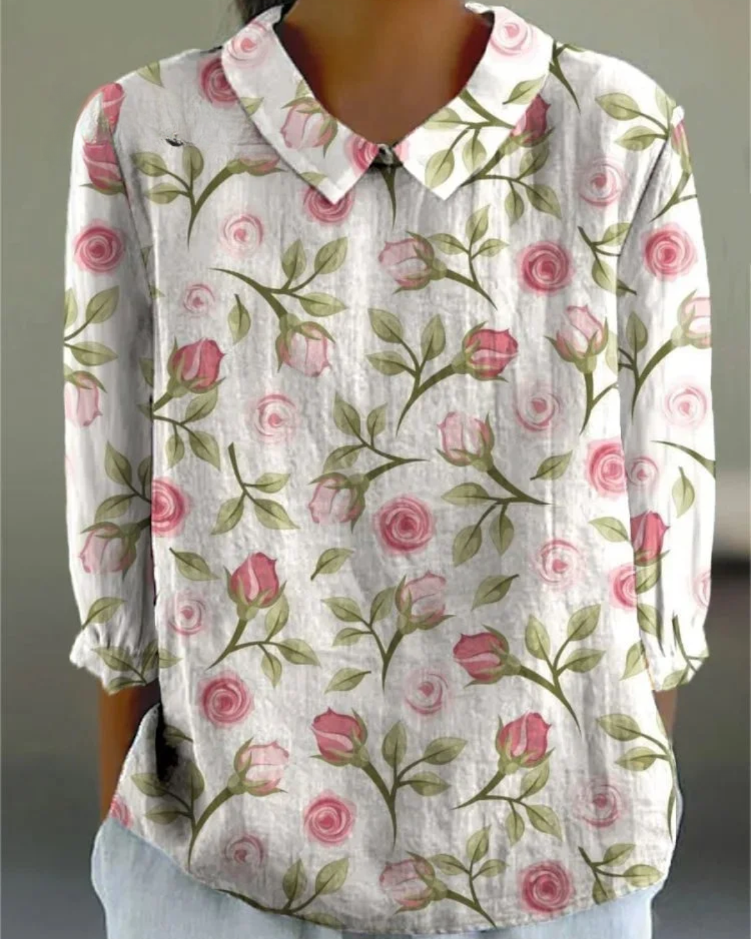 Shirley - Women's Rose Flower Print Casual Cotton And Linen Shirt