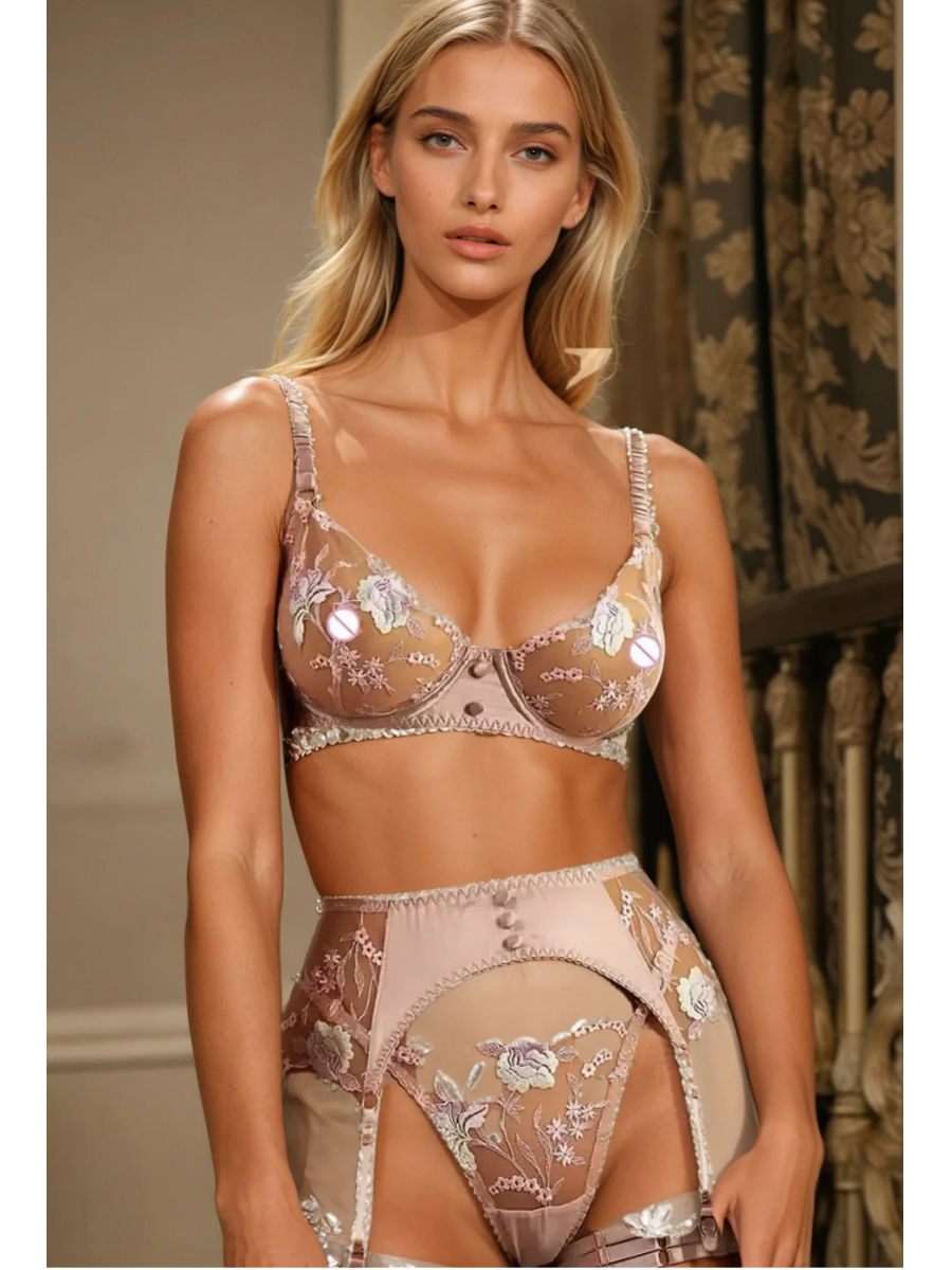 Floral Embroidered Satin Lingerie Set