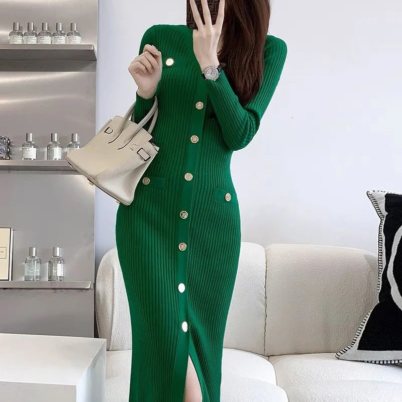 WW | Elegant knitted dress with gold button detail, front slit, knitted women's dress