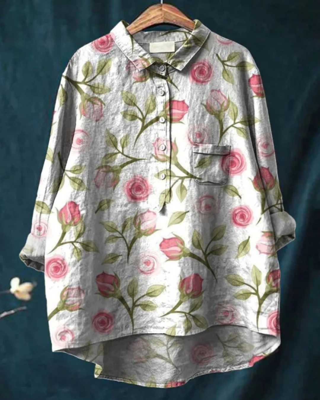 Shirley - Women's Rose Flower Print Casual Cotton And Linen Shirt