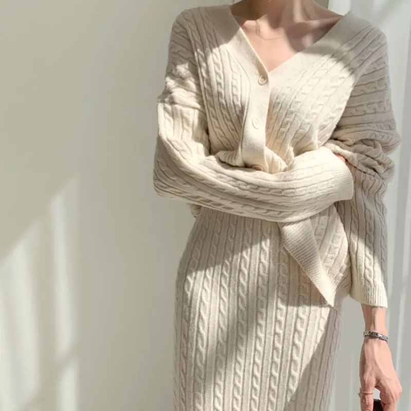 WW | Long Sleeve Sweater and Skirt Combination with Loose Fit, Knitted Women's Dress