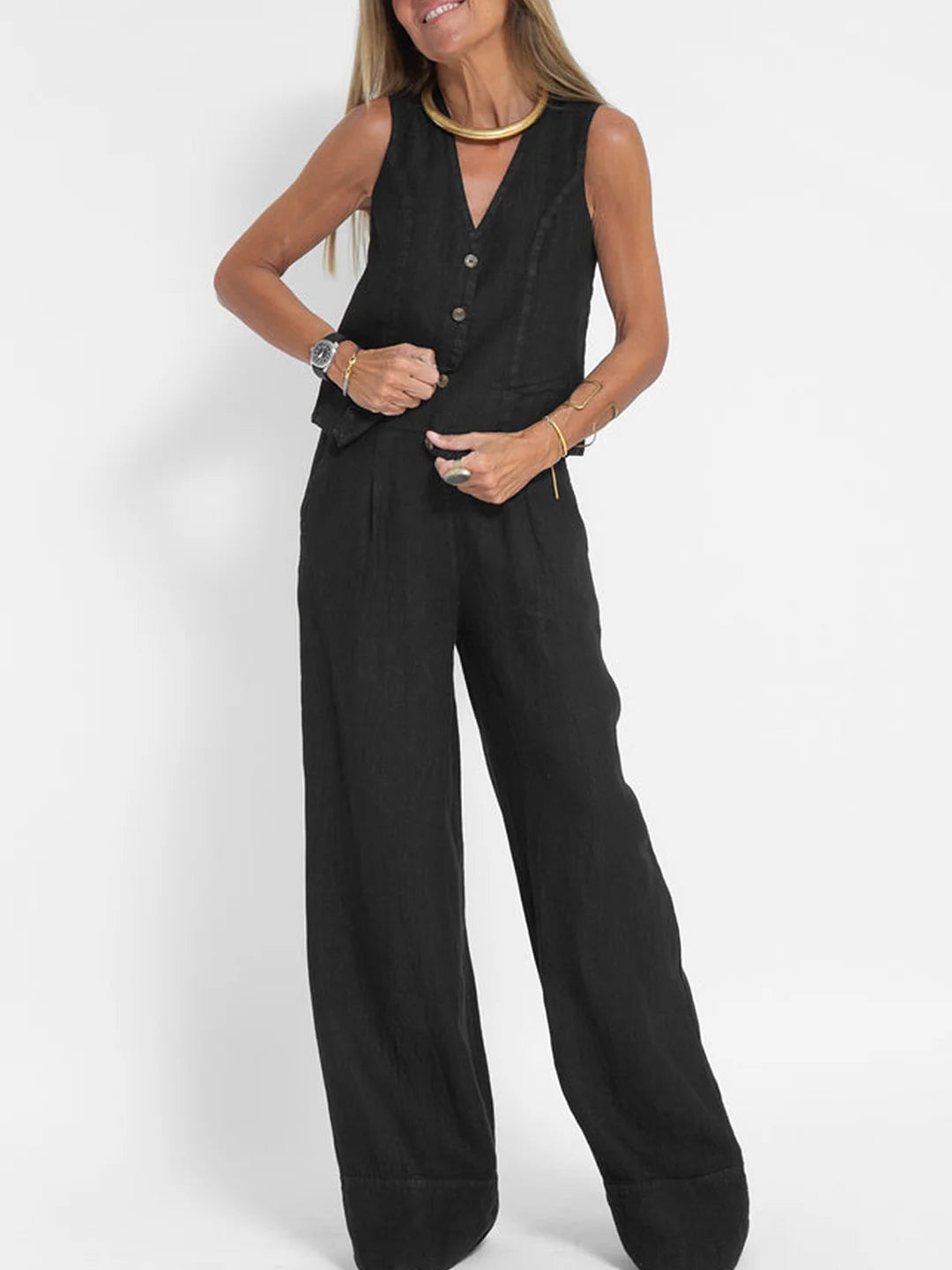 Elevate Your Style with the Aira Buttoned Vest and Wide-Leg Trousers Ensemble