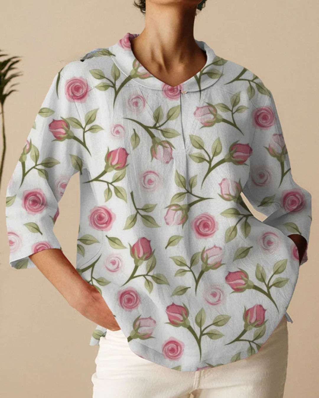 Shirley - Women's Rose Flower Print Casual Cotton And Linen Shirt