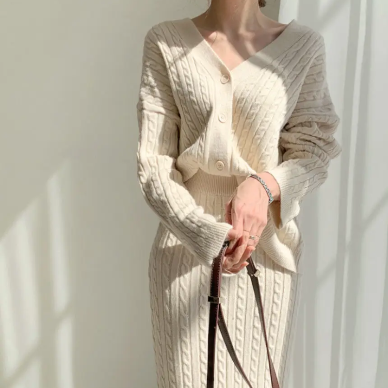 WW | Long Sleeve Sweater and Skirt Combination with Loose Fit, Knitted Women's Dress
