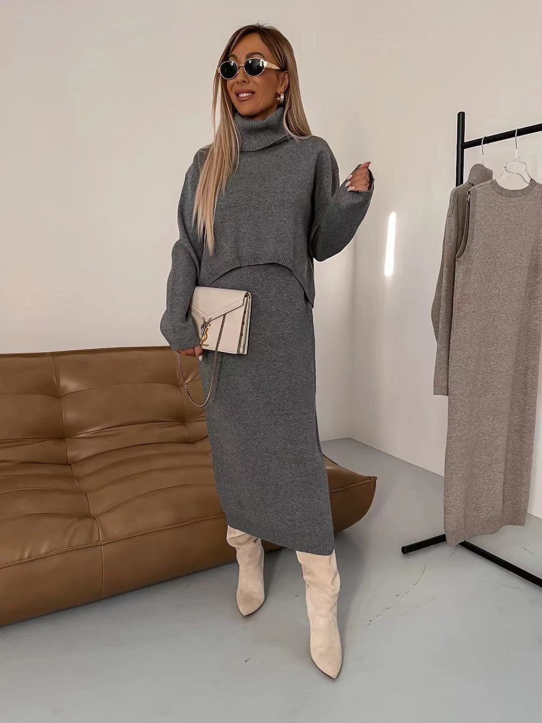 WW | 2-piece knit suit with turtleneck sweater and sleeveless long dress