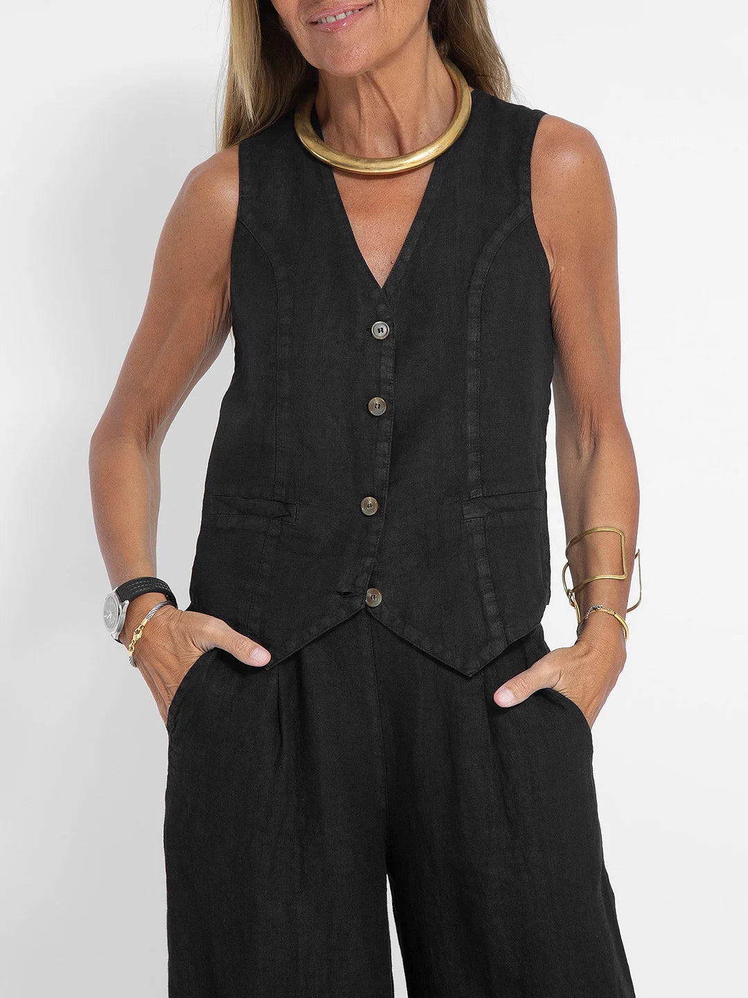 Elevate Your Style with the Aira Buttoned Vest and Wide-Leg Trousers Ensemble