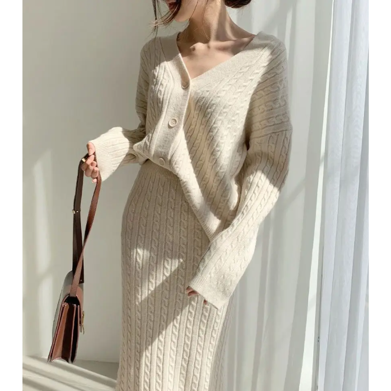 WW | Long Sleeve Sweater and Skirt Combination with Loose Fit, Knitted Women's Dress