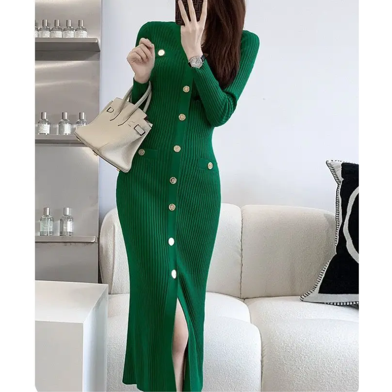 WW | Elegant knitted dress with gold button detail, front slit, knitted women's dress