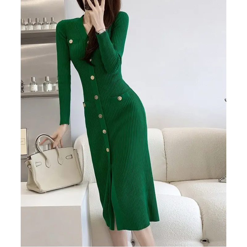 WW | Elegant knitted dress with gold button detail, front slit, knitted women's dress