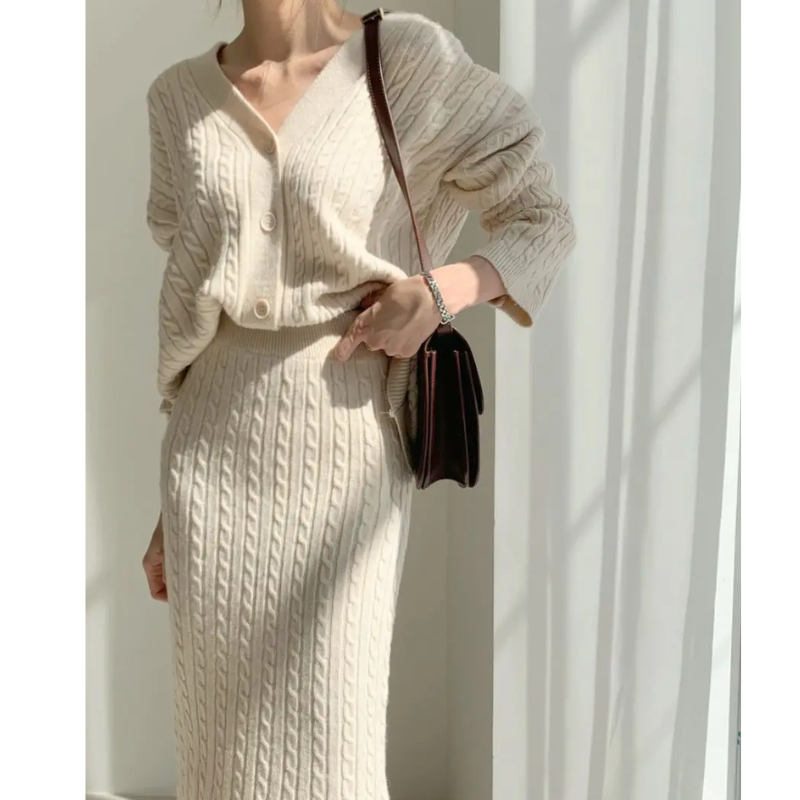 WW | Long Sleeve Sweater and Skirt Combination with Loose Fit, Knitted Women's Dress