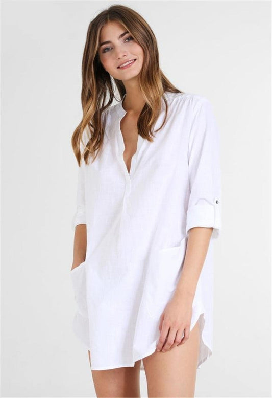 Cotton stand-up collar side pockets shirt