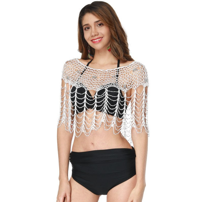 Women's crochet beach cover-up with elegant off-shoulder design