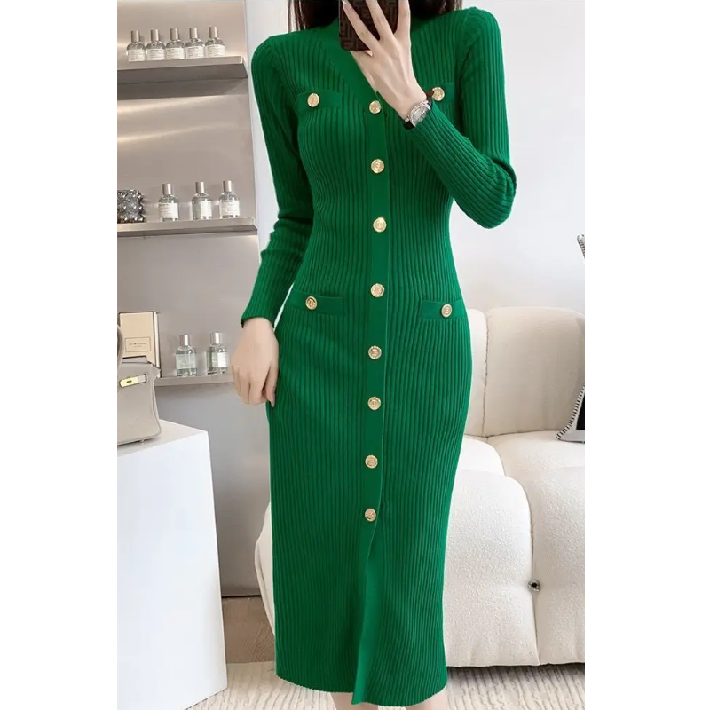 WW | Elegant knitted dress with gold button detail, front slit, knitted women's dress