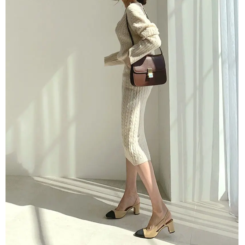 WW | Long Sleeve Sweater and Skirt Combination with Loose Fit, Knitted Women's Dress
