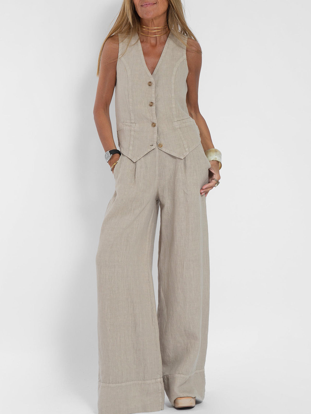 Elevate Your Style with the Aira Buttoned Vest and Wide-Leg Trousers Ensemble