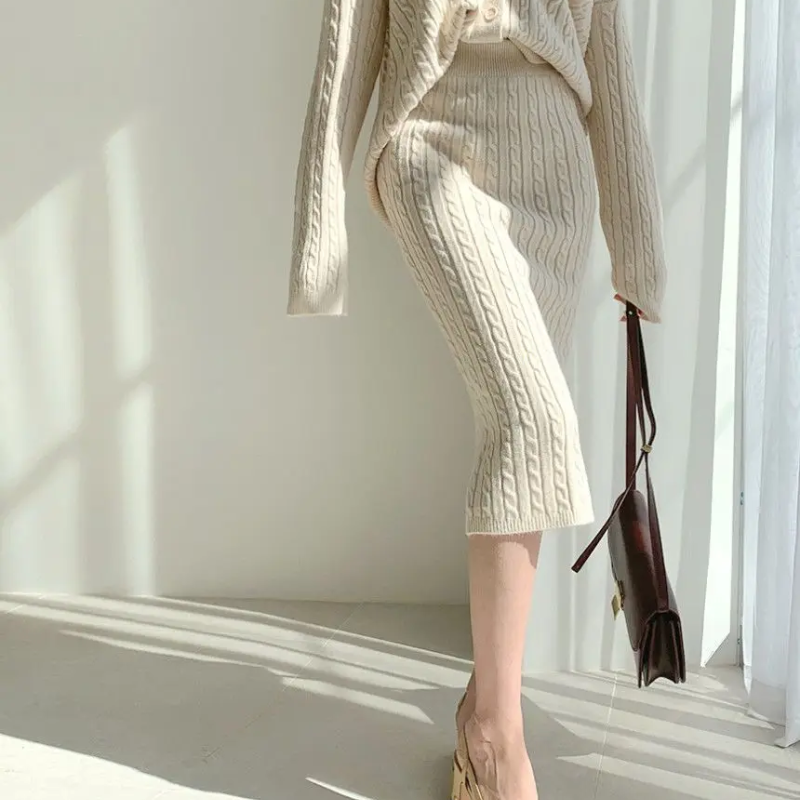 WW | Long Sleeve Sweater and Skirt Combination with Loose Fit, Knitted Women's Dress