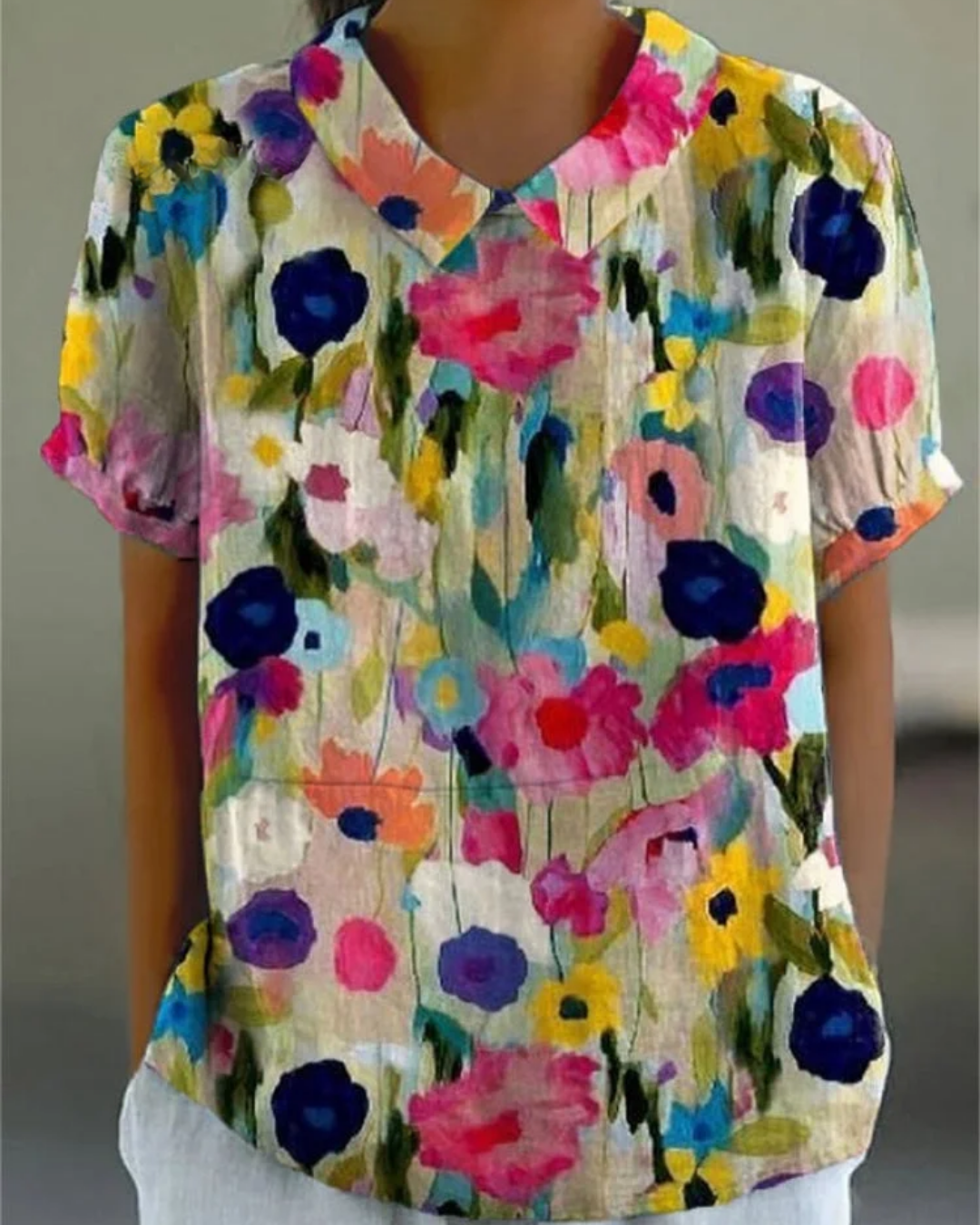 Bernadette - Women's Retro Floral Art Print Casual Cotton And Linen Shirt
