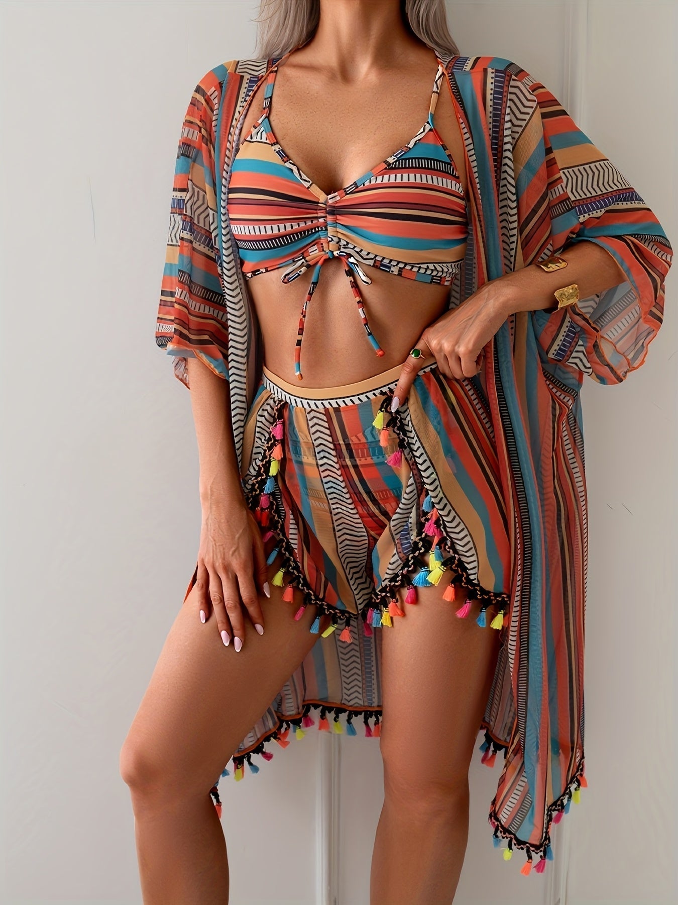 Bohemian Inspired Bikini and Kimono Set