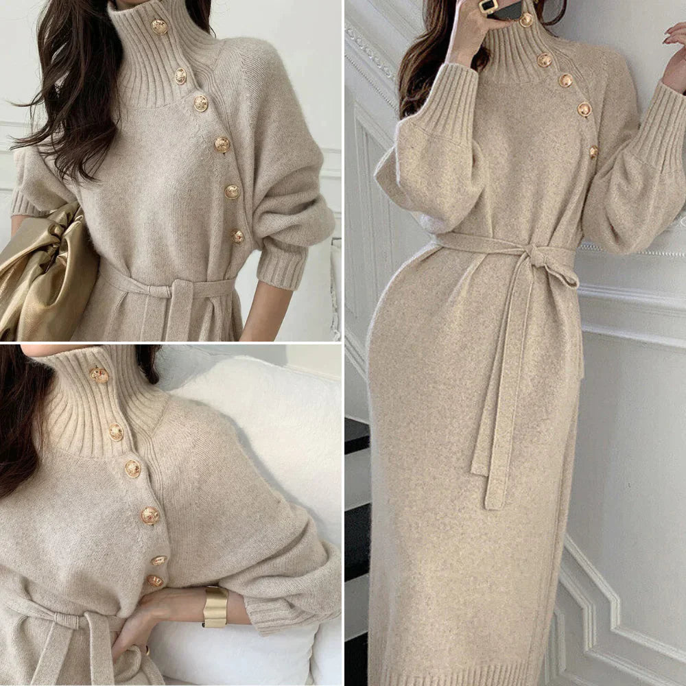 WW | Long-sleeved knitted dress with high collar, buttons and belt