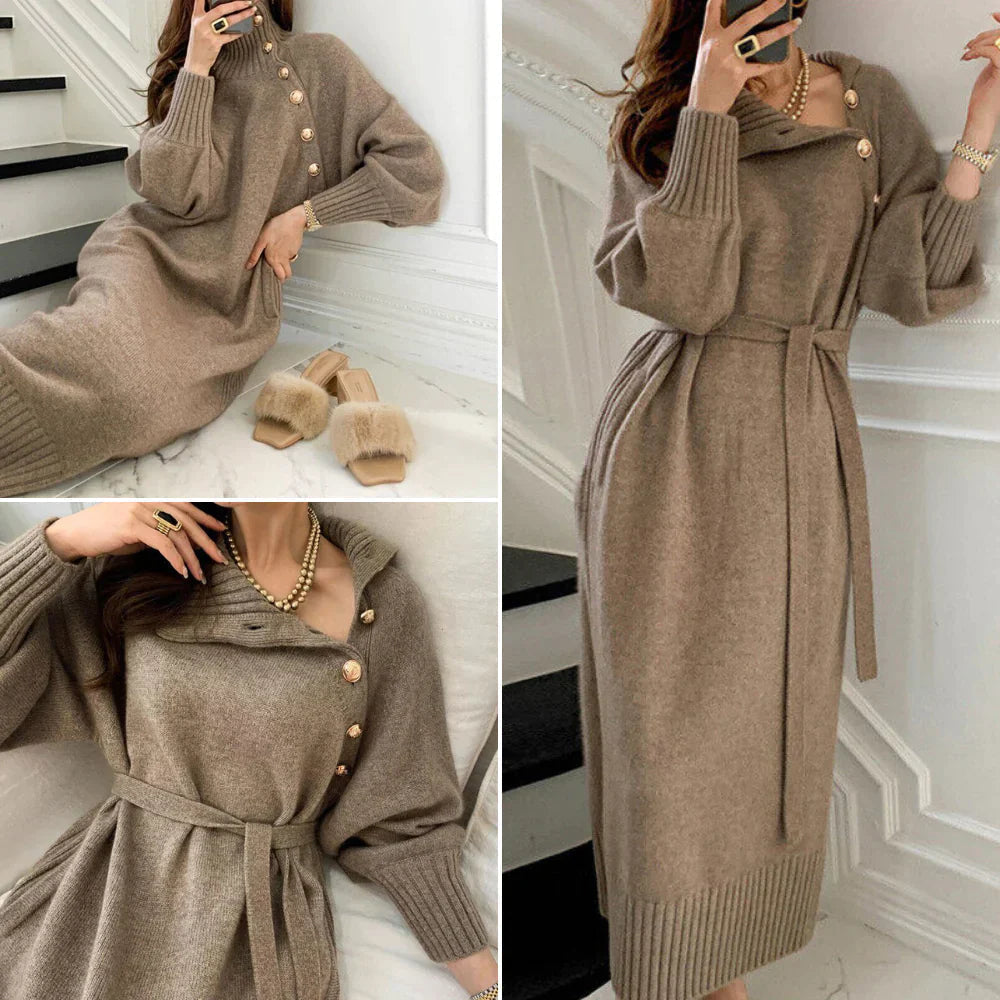 WW | Long-sleeved knitted dress with high collar, buttons and belt