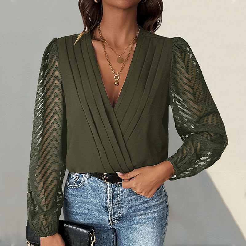 Women's blouse with elegant wrap design and transparent sleeves WW