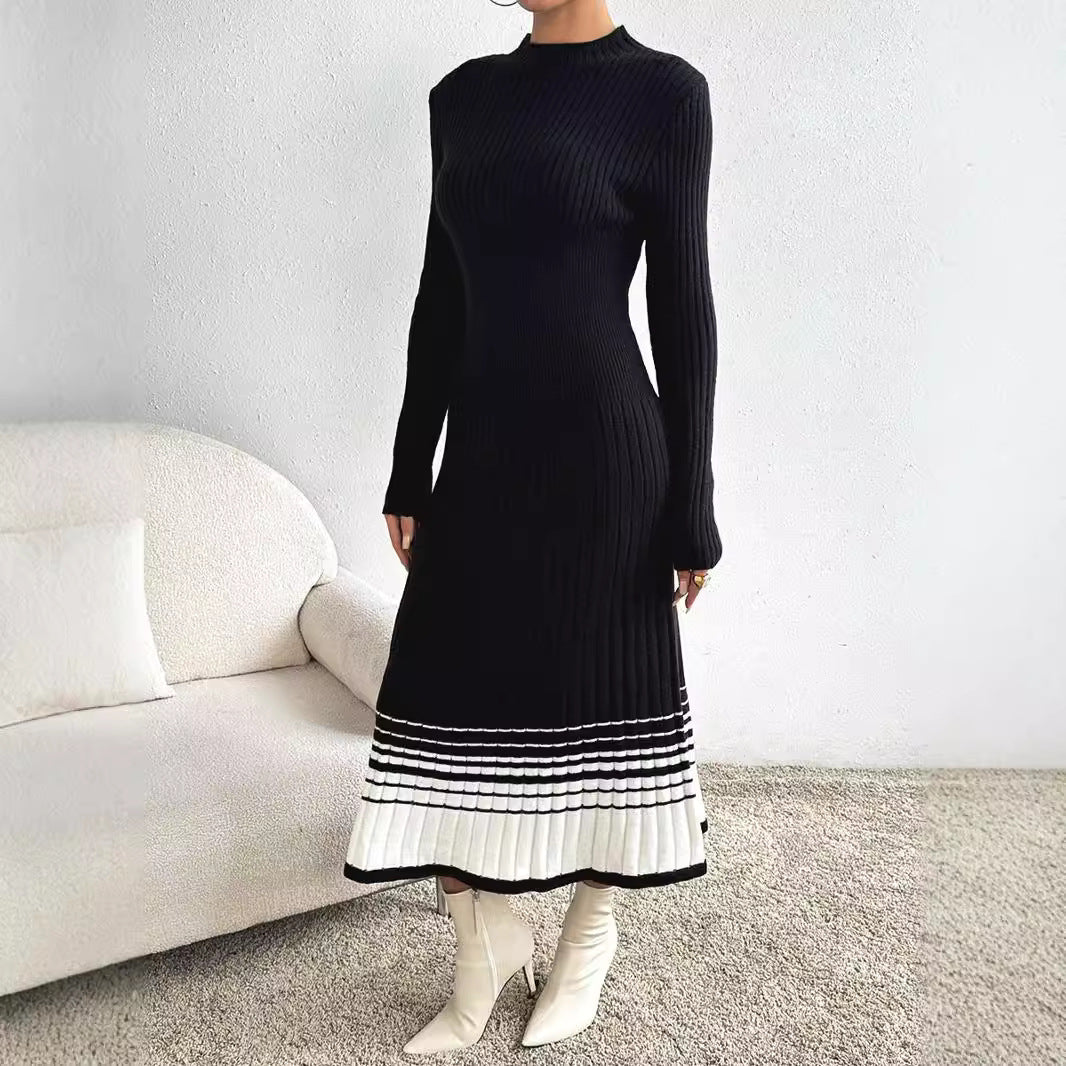 Women's knitted dress with structured rib pattern and decorative hem WW