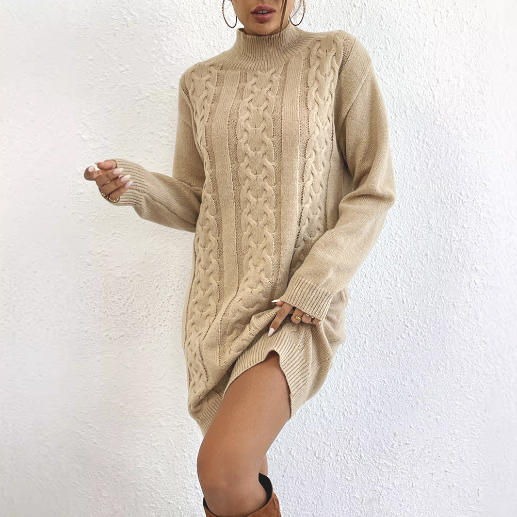 Women's knitted dress with high collar and elaborate cable pattern WW