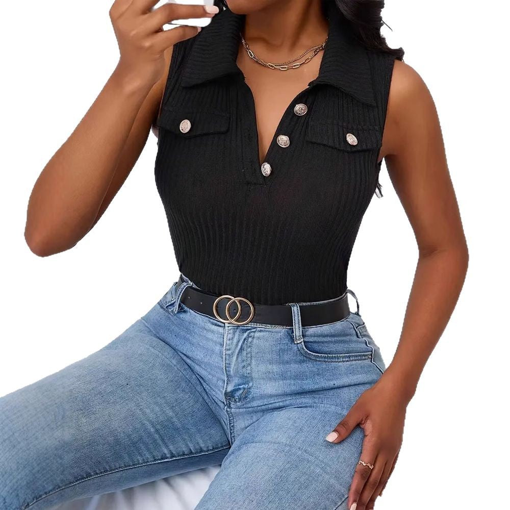 Women's sleeveless polo shirt with structured rib design and decorative button details W&W
