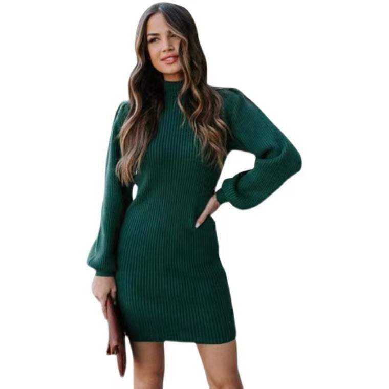 WW | High-neck knitted sweater mini bodycon dress