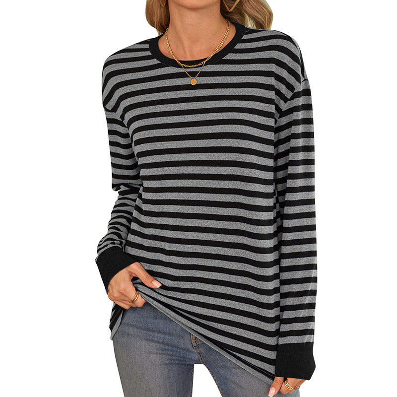 Women's comfortable long-sleeved shirt with striped design and round neck WW