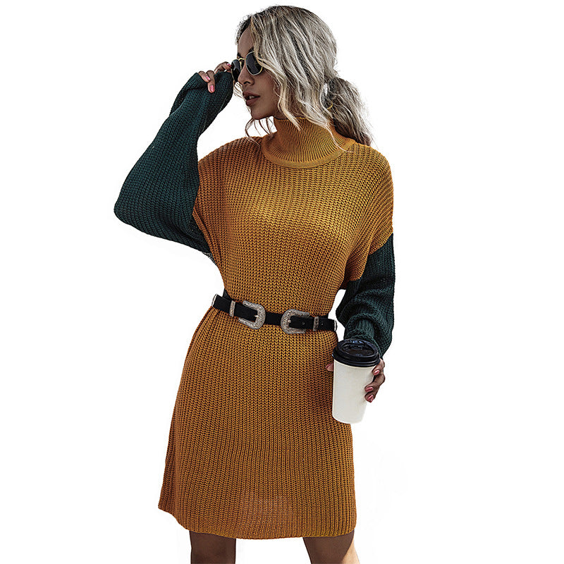 Women's knitted dress with asymmetric cut and contrasting sleeves WW