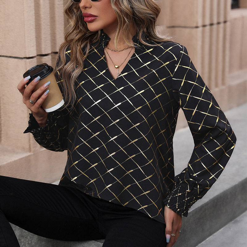 Women's blouse with elegant diamond pattern and puff sleeves WW